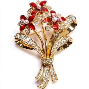 Gold Tone Red Enamel Crystal Flower Pin Brooch